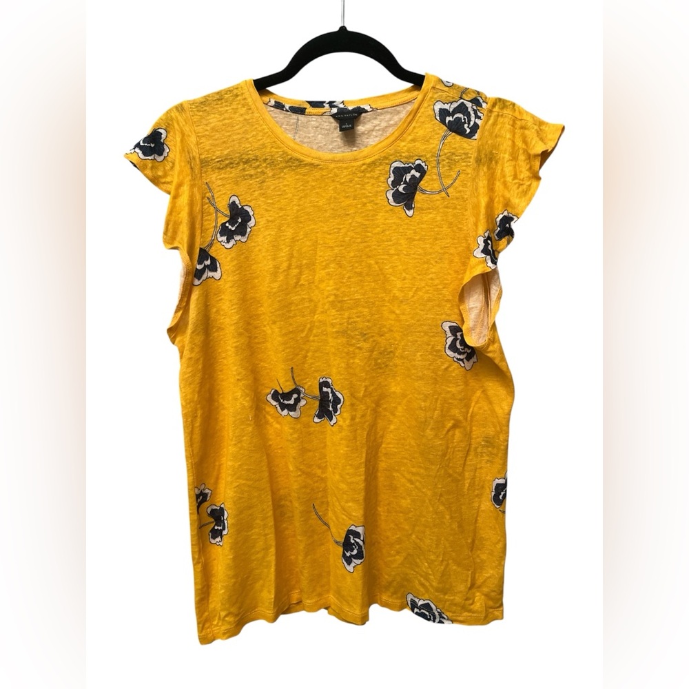 Ann Taylor Yellow and Navy Floral Short Sleeve Top